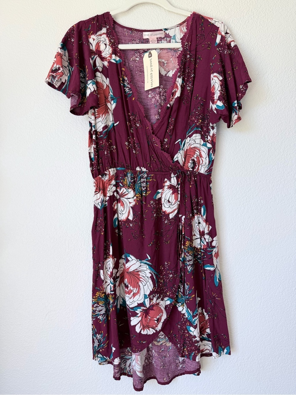 NWT Band of Gypsies Burgundy Floral High-Low Wrap Dress Medium